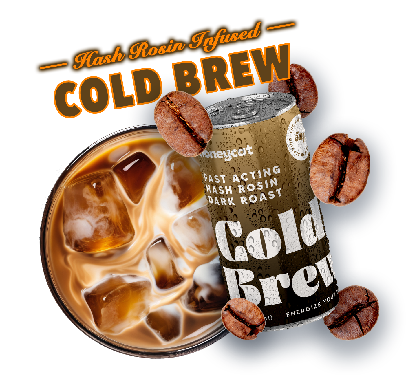 graphic image of honeycat coldbrew coffee with coffee beans exploding around can and cup of coffee